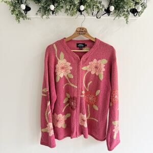 Icelandic Design Women’s Vintage Pink Floral Embroidered Knit Zipped Cardigan L